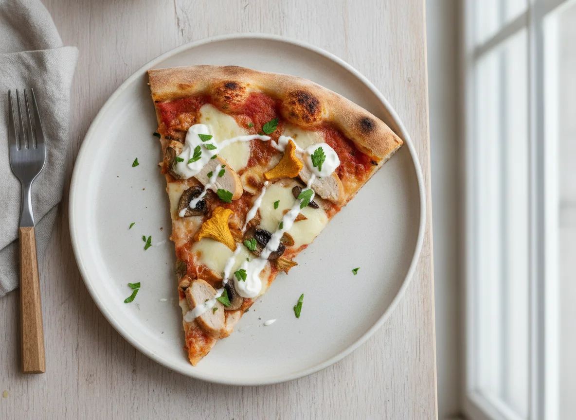 Pizzastück mit Hähnchen und Pilzen photo