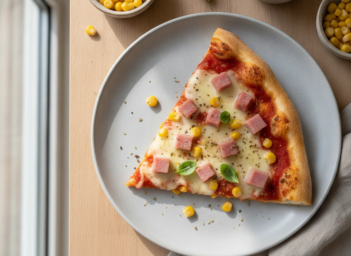 Pizza-Stück mit Mais und Schinken photo