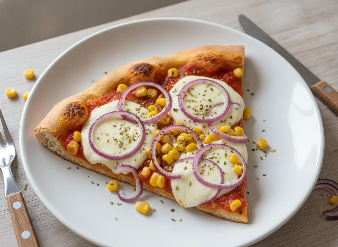 Pizzastück mit Mais und Zwiebeln photo