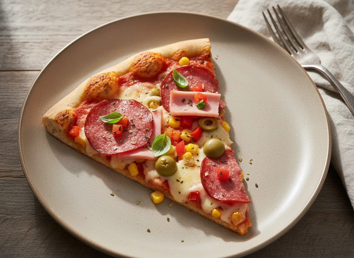 Pizza-Stück mit Oliven und Wurst photo