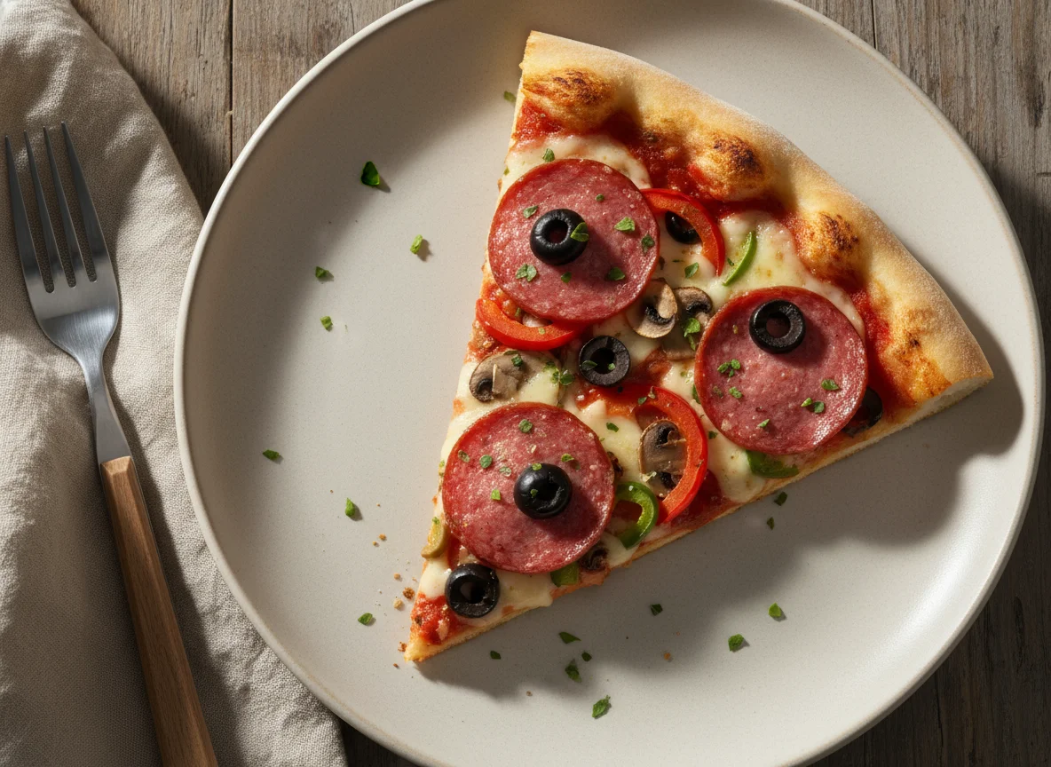 Pizzastück mit Salami, Oliven und Pilzen photo