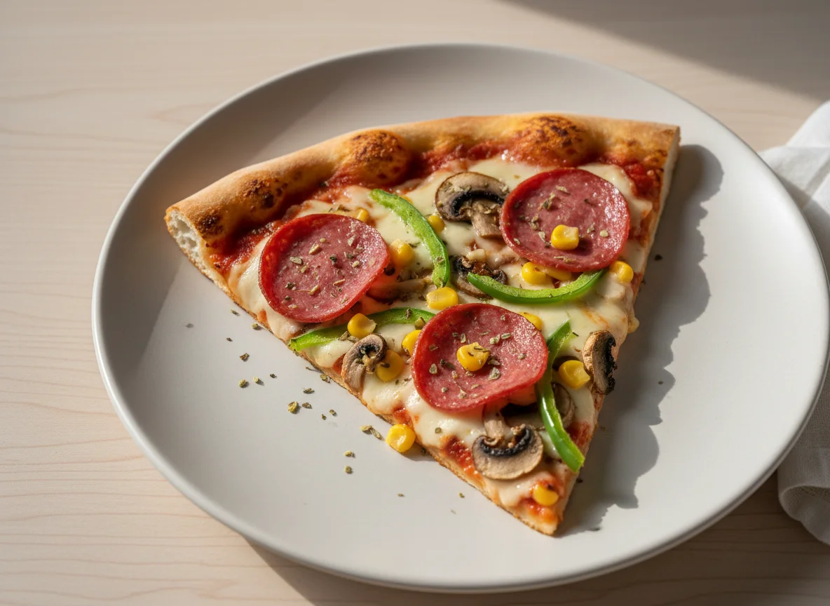 Pizzastück mit Salami, Pilzen und Paprika photo
