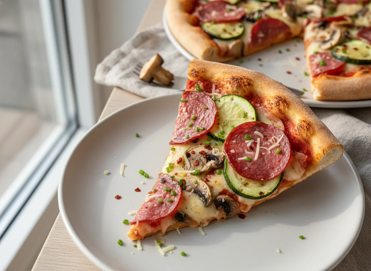 Pizzastück mit Salami, Pilzen und Zucchini photo