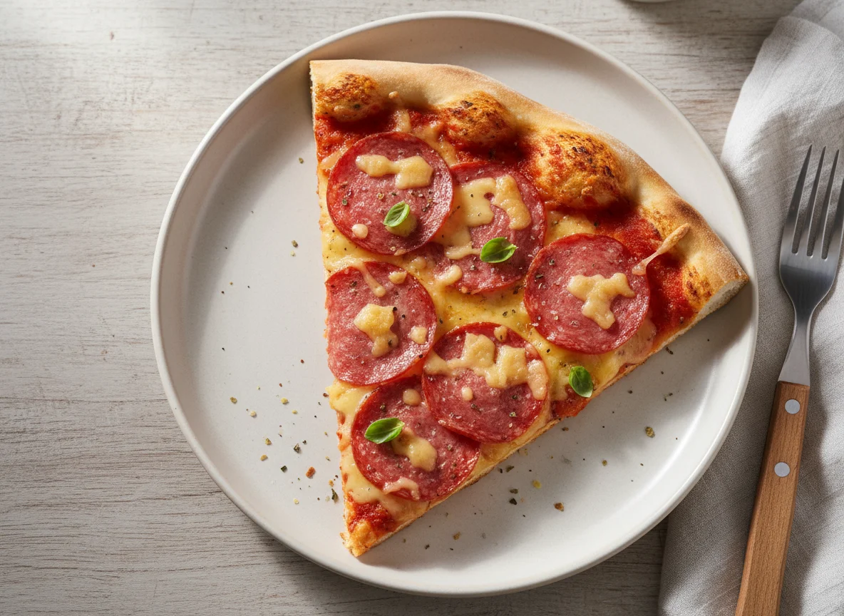 Pizzastück mit Salami und Käse photo