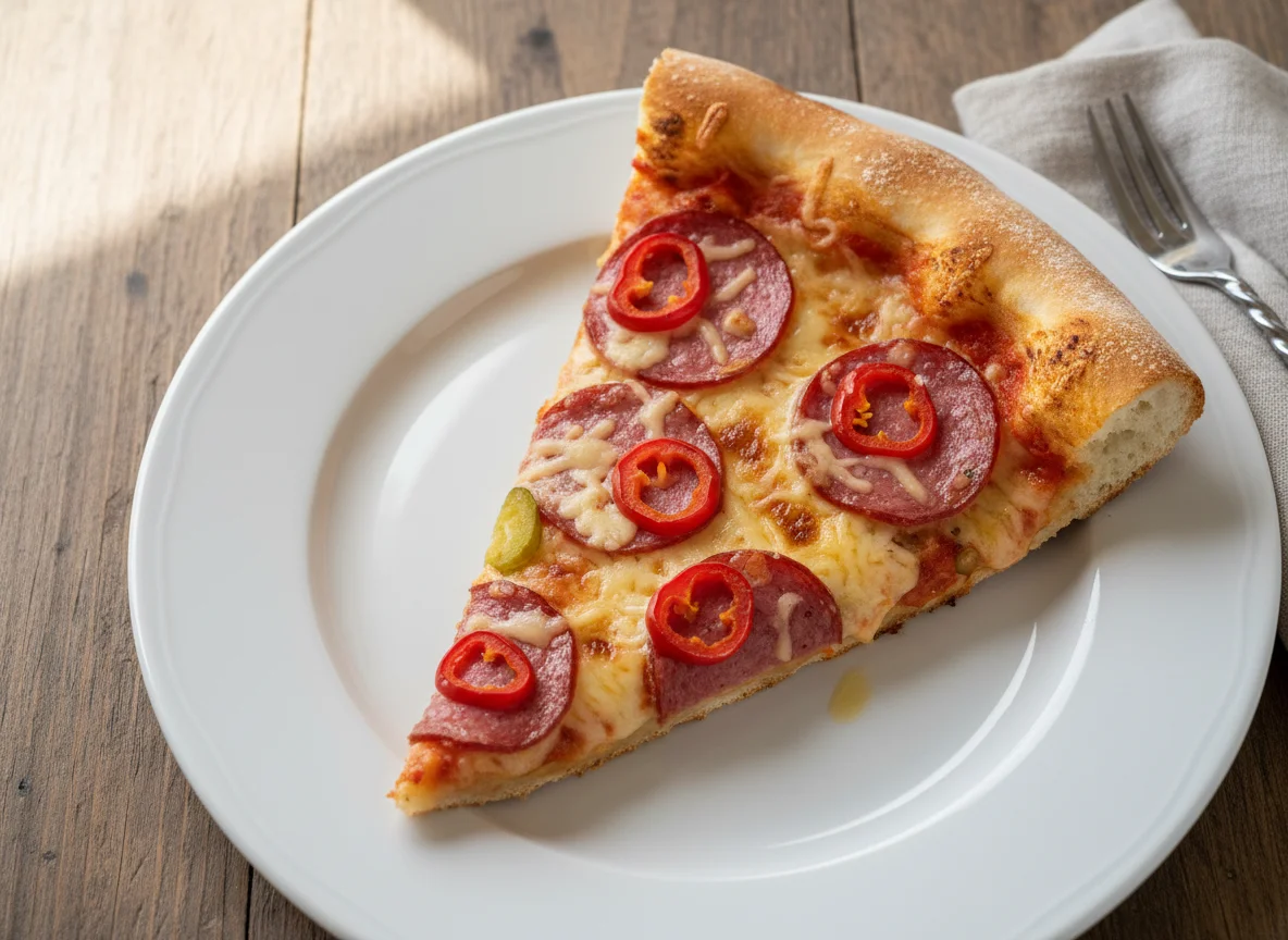 Pizzastück mit Salami und Peperoni photo