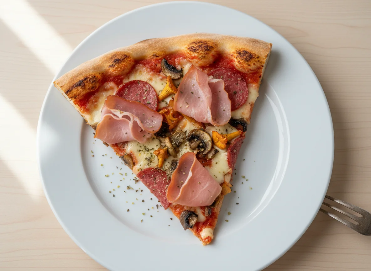 Pizzastück mit Schinken, Salami und Pilzen photo