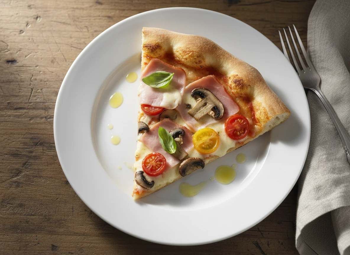 Pizzastück mit Schinken, Tomaten und Pilzen photo