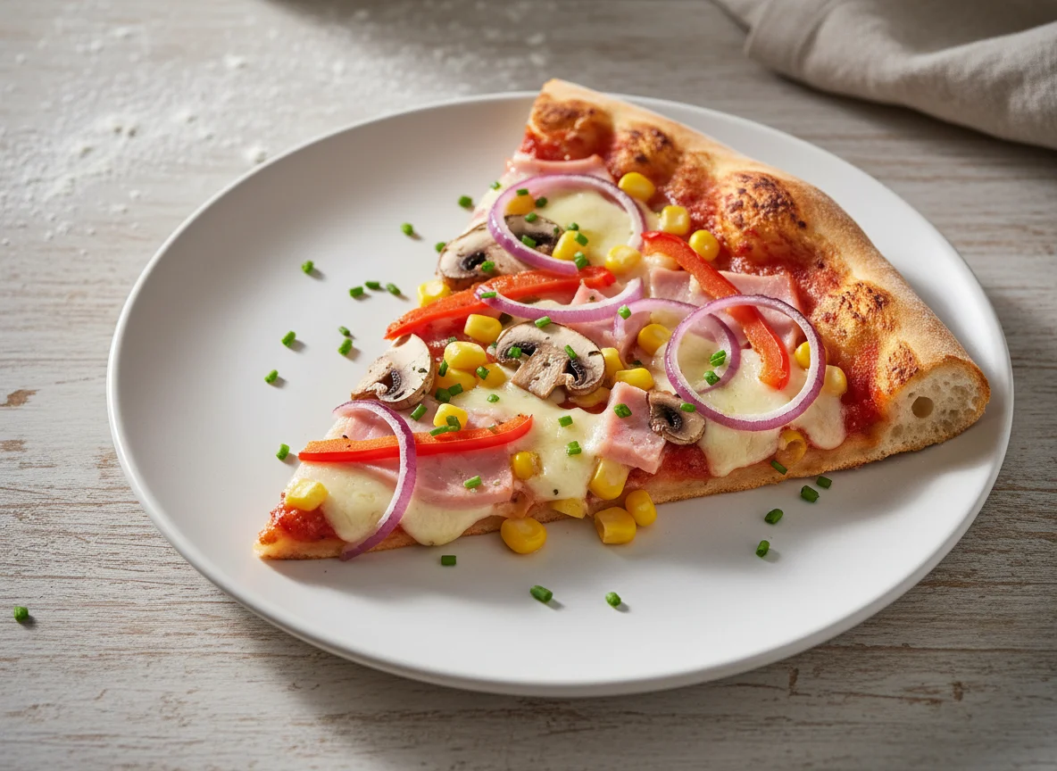 Pizza-Stück mit Schinken und Gemüse photo