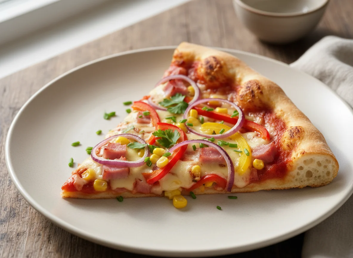 Pizzastück mit Schinken und Gemüse photo
