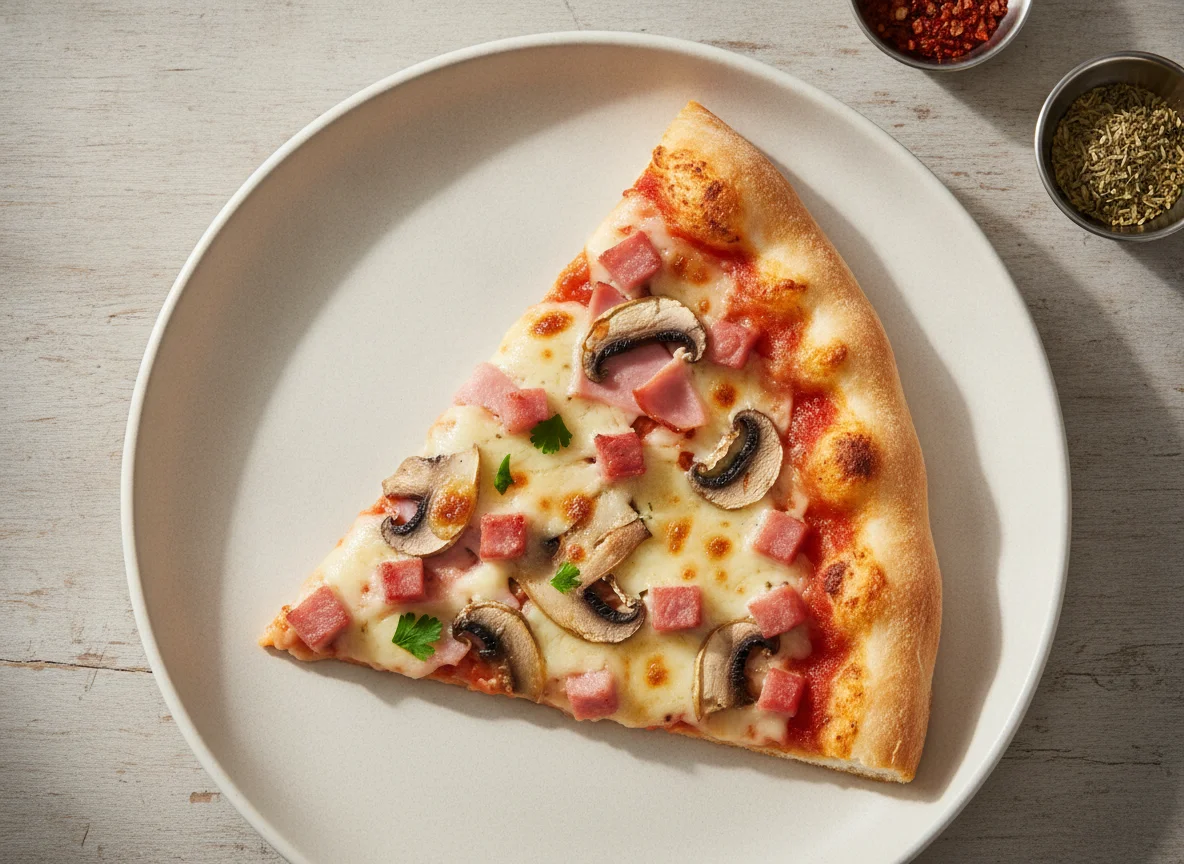 Pizza-Stück mit Schinken und Pilzen photo