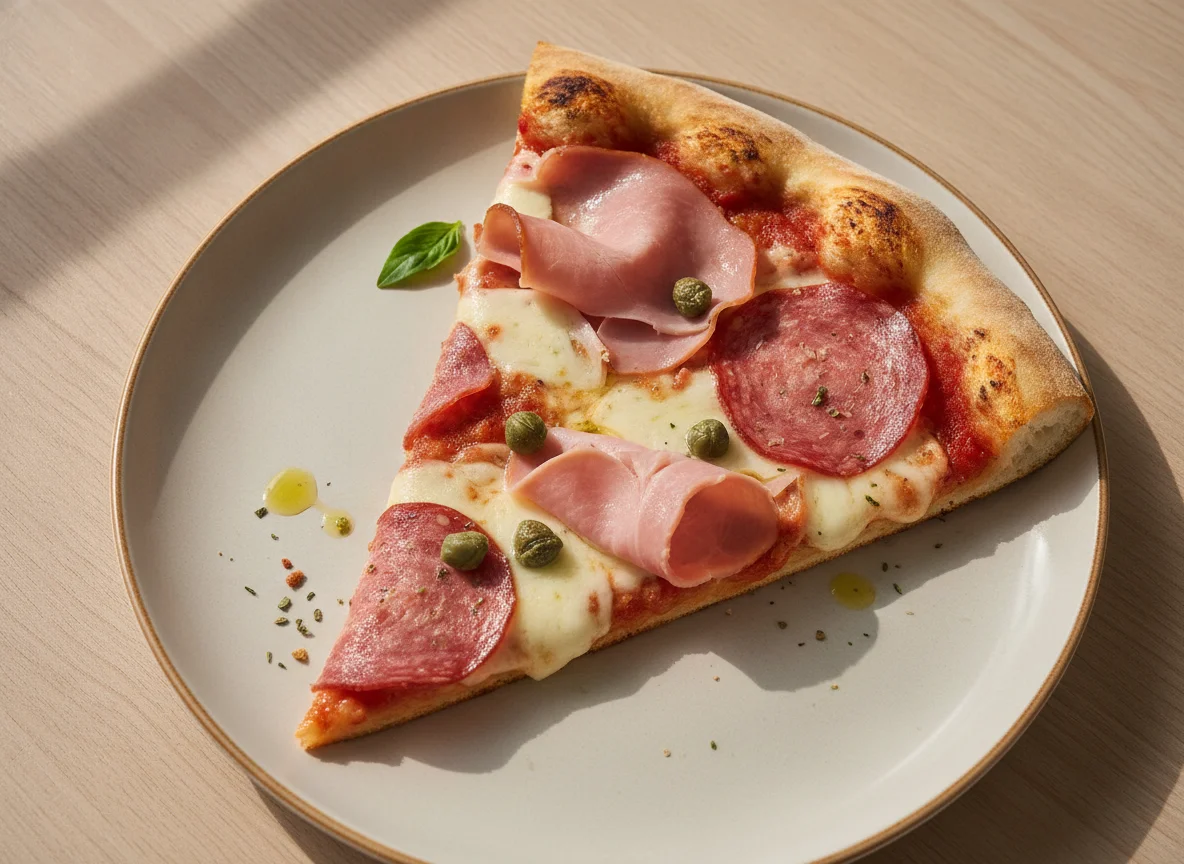 Pizzastück mit Schinken und Salami photo