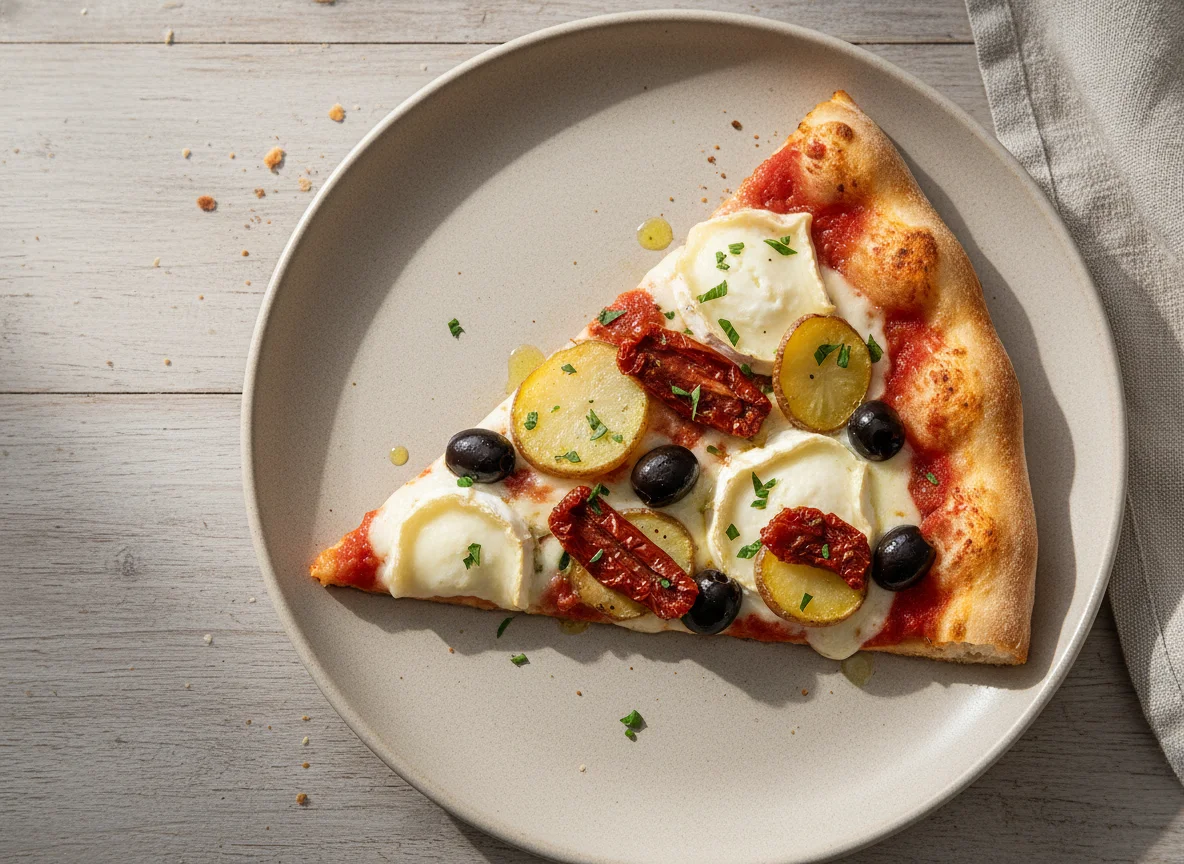 Pizzastück mit Ziegenkäse und getrockneten Tomaten photo