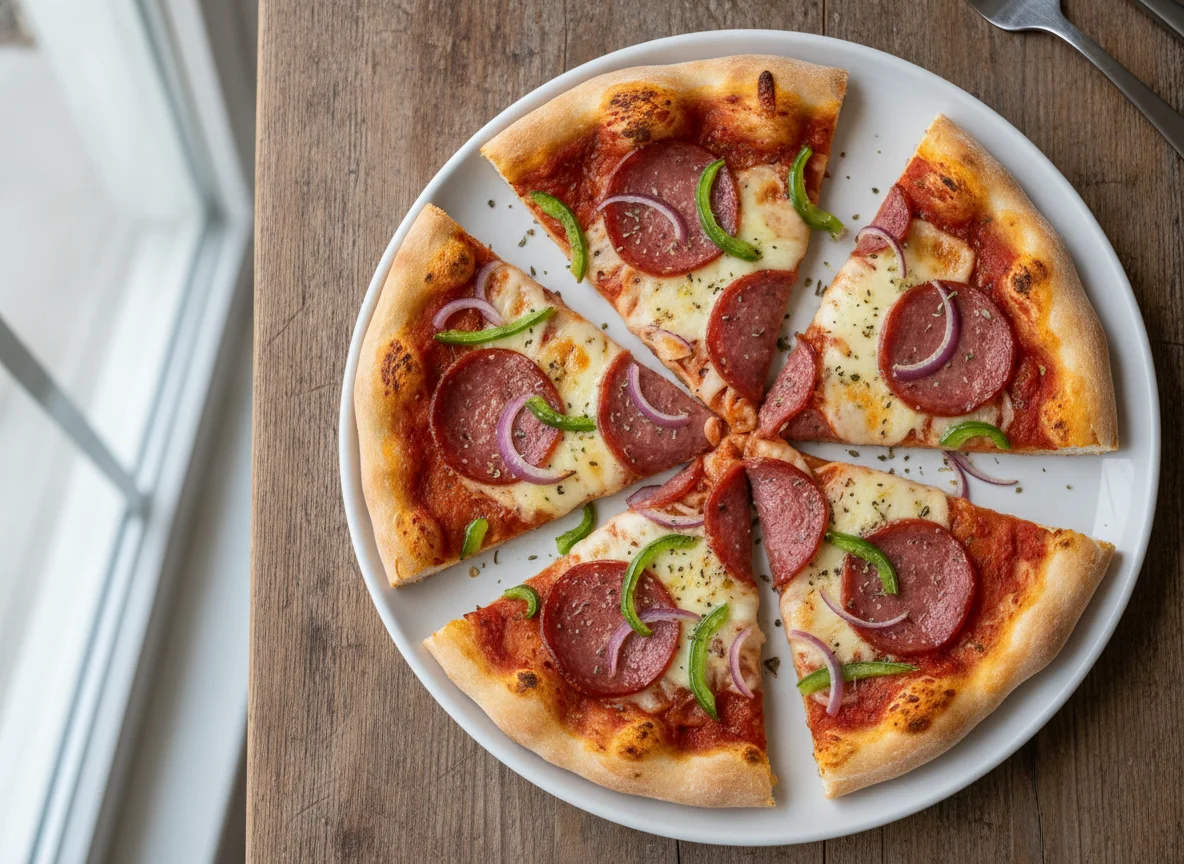 Pizzastücke mit Salami und Paprika photo