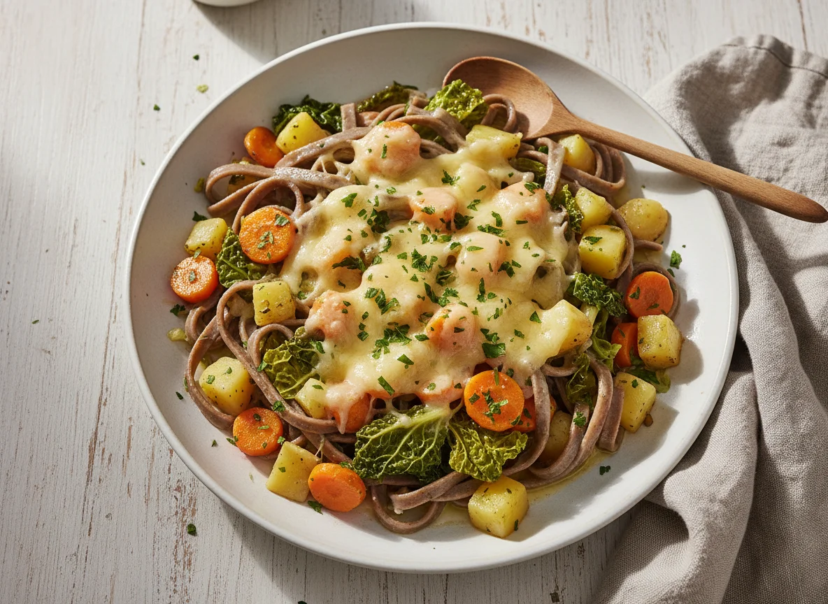 Pizzoccheri mit Gemüse und Käse photo