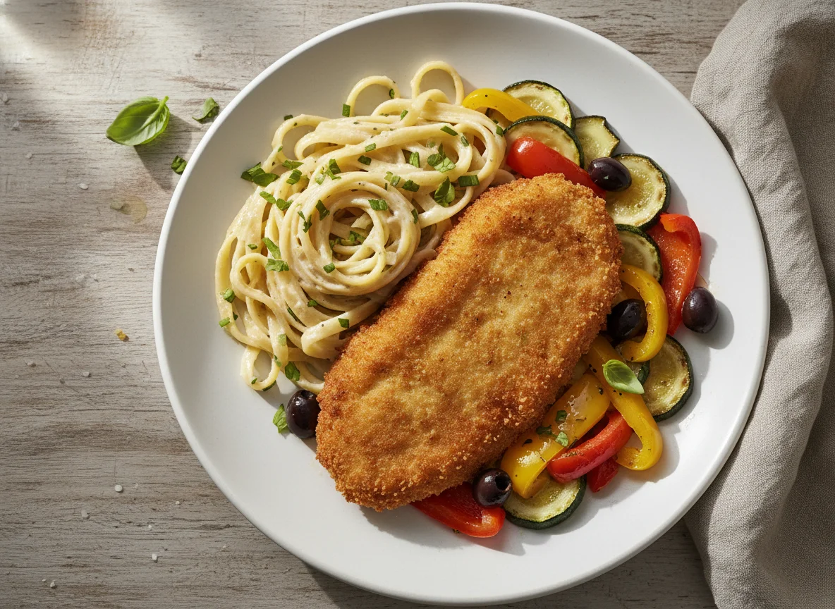 Planted. Schnitzel mit Pasta und Gemüse photo