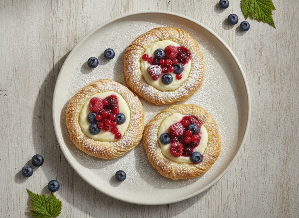 Plundergebäck mit Vanillecreme und Beeren photo