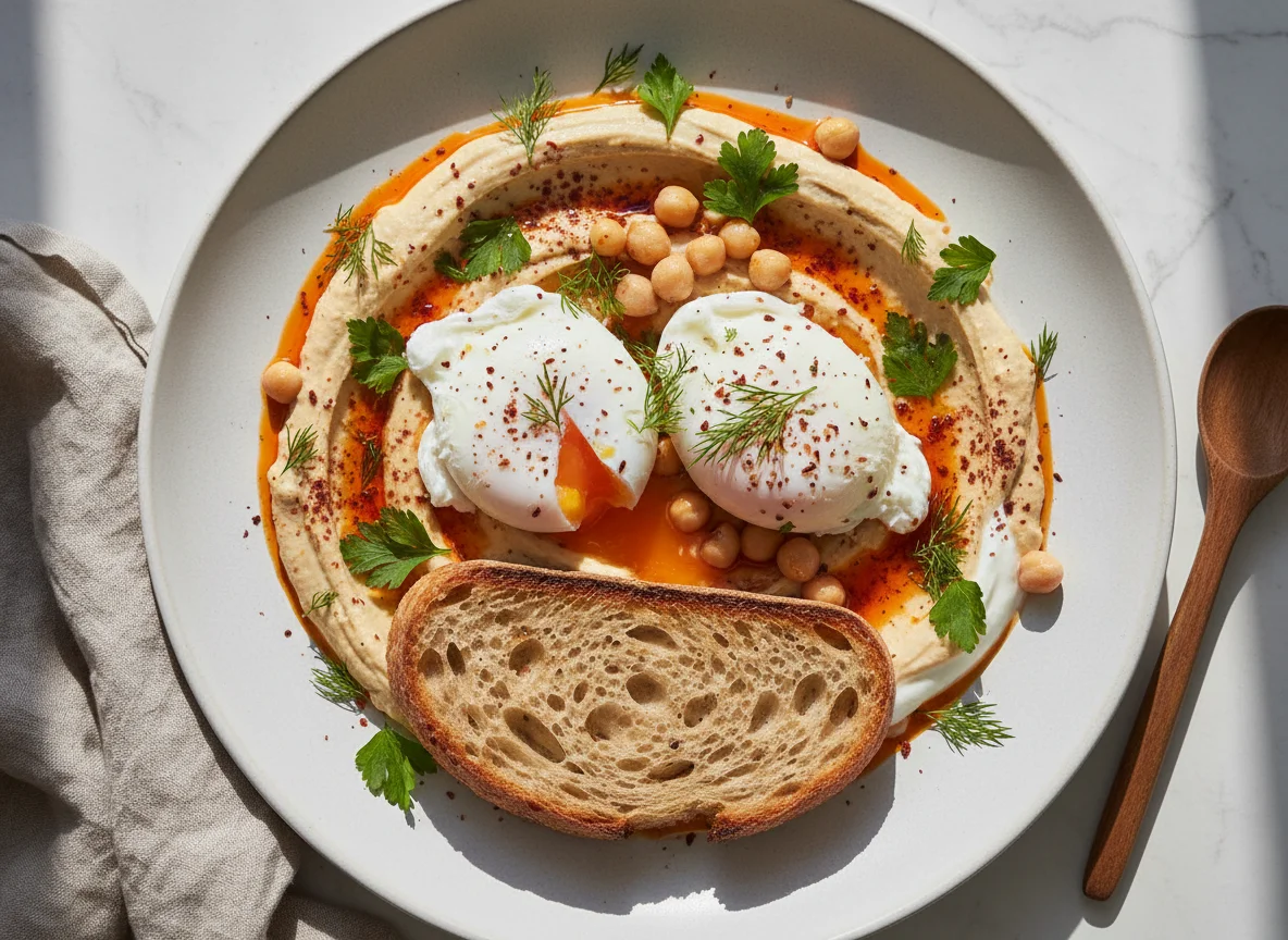 Poached Eggs mit Hummus und Joghurt photo
