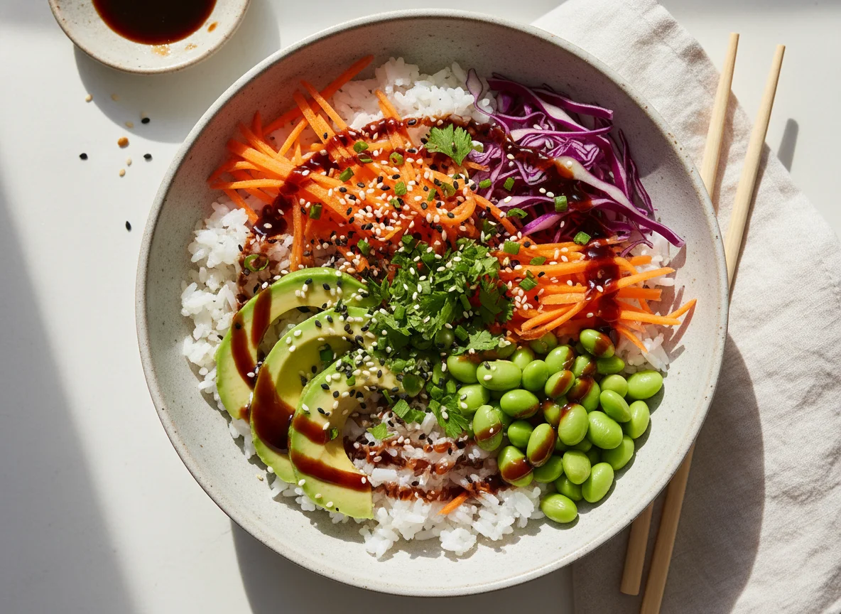 Poke Bowl mit Avocado und Edamame photo
