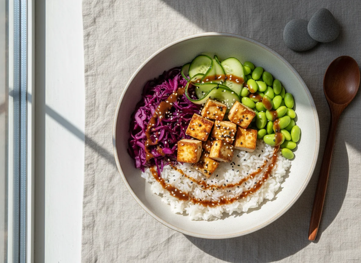 Poke Bowl mit Edamame und Rotkohl photo