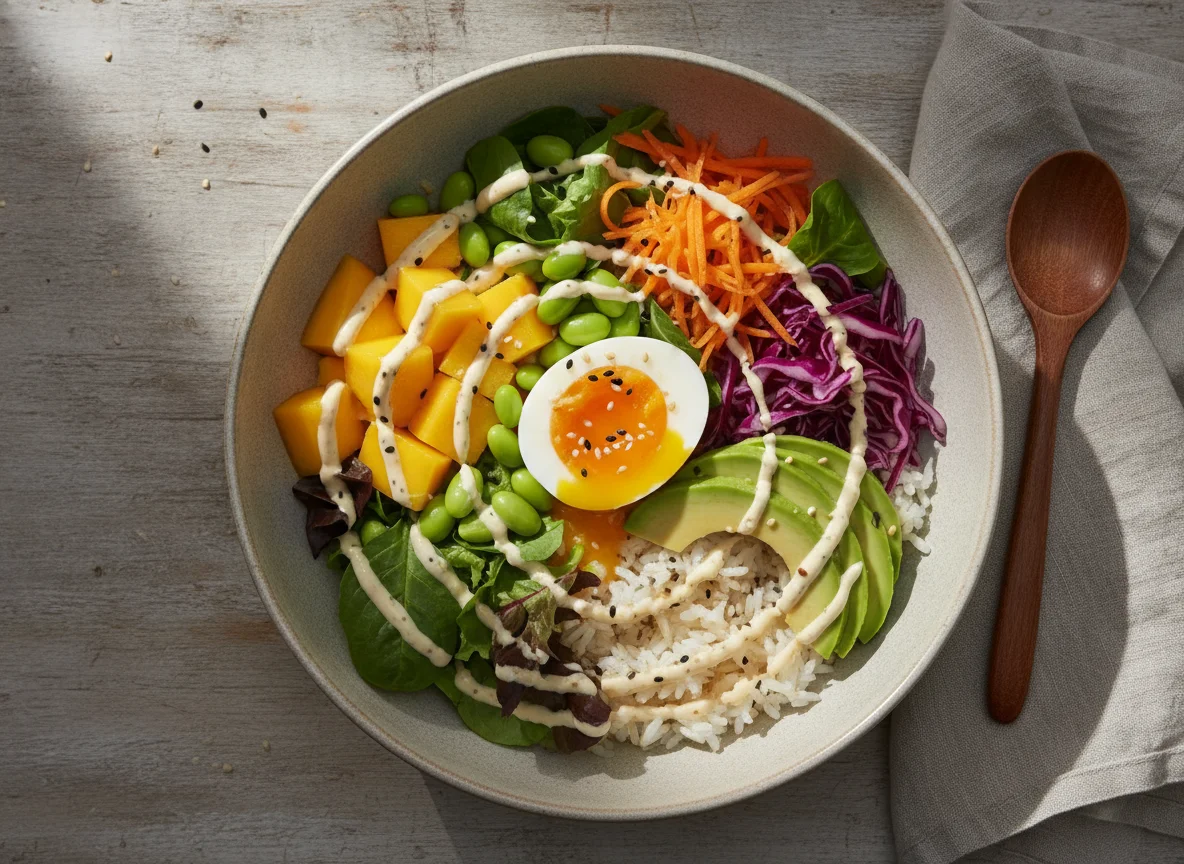 Poke Bowl mit Ei und Mango photo