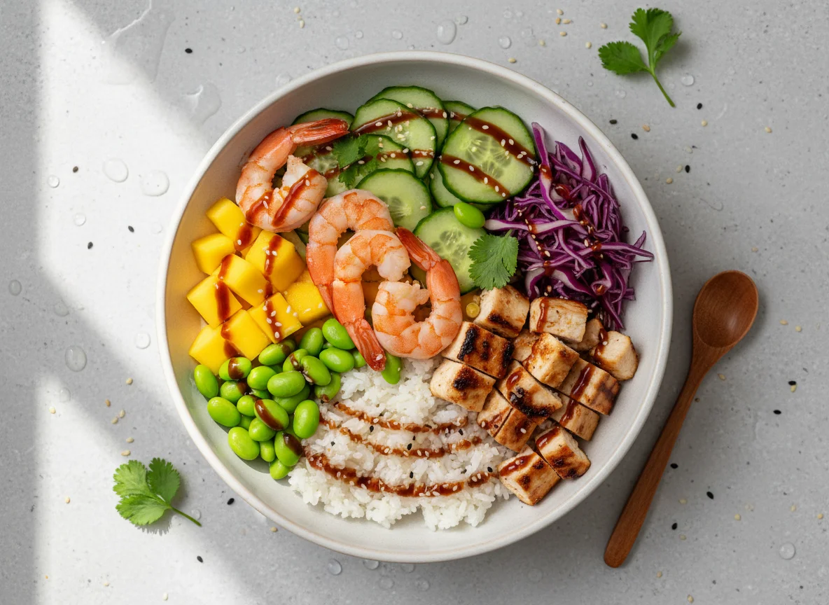 Poke Bowl mit Garnelen und Huhn photo