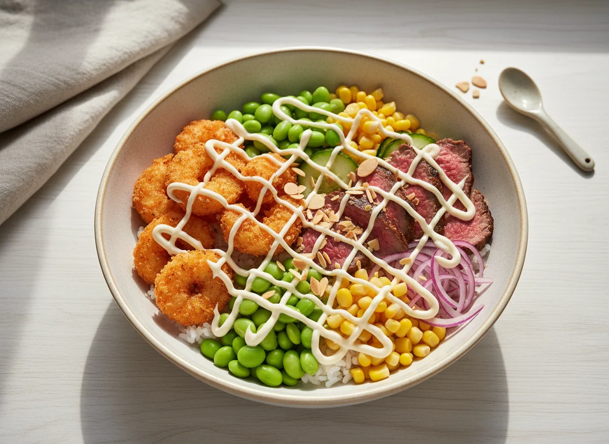 Poke Bowl mit Garnelen und Rindfleisch photo