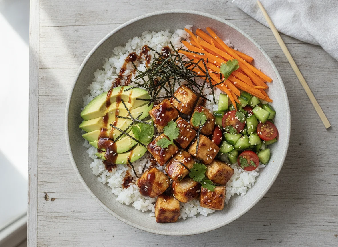 Poke Bowl mit Hähnchen und Avocado photo