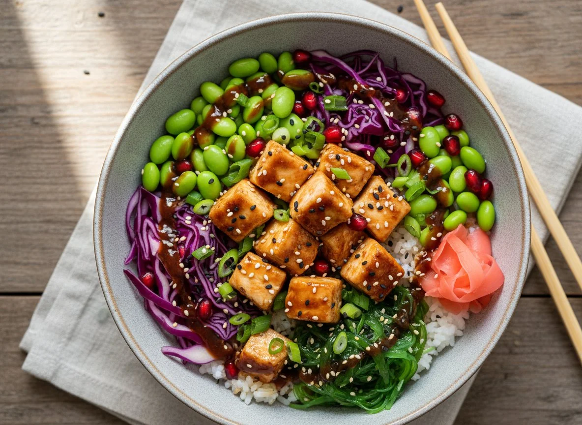 Poke Bowl mit Hähnchen und Edamame photo