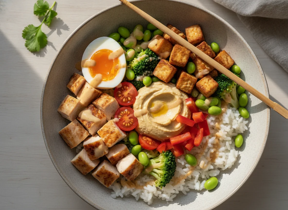 Poke Bowl mit Hähnchen und Ei photo