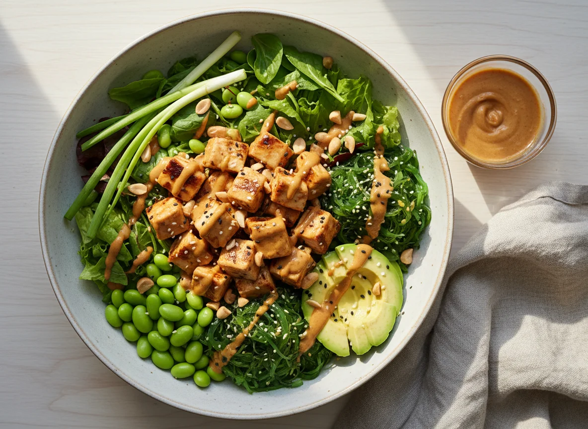 Poke Bowl mit Hähnchen und Erdnusssauce photo