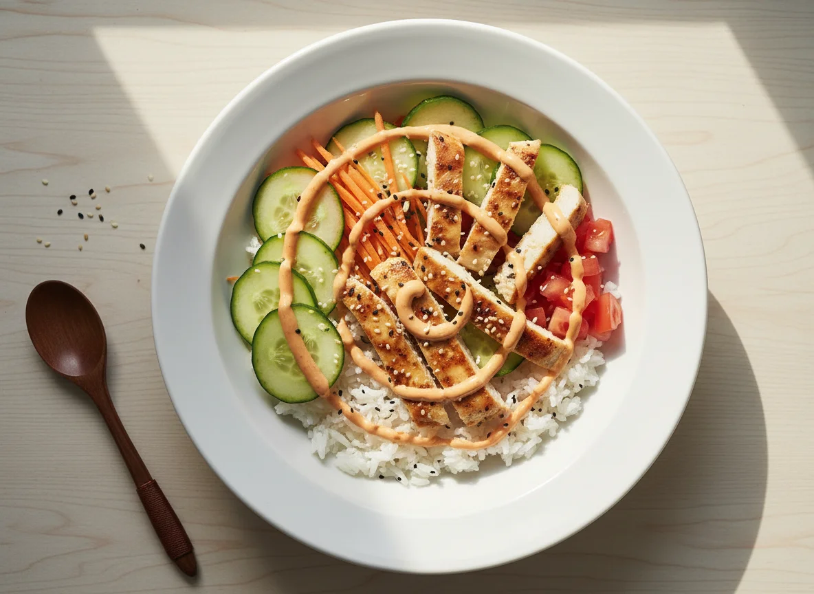 Poke Bowl mit Hähnchen und Gemüse photo