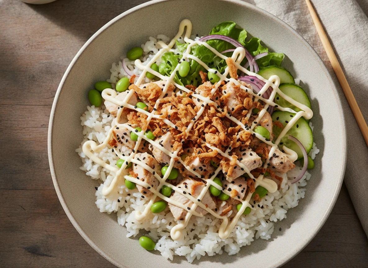 Poke Bowl mit Hähnchen und Röstzwiebeln photo