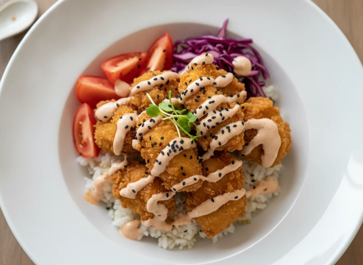 Poké Bowl mit Hähnchen und Sauce photo