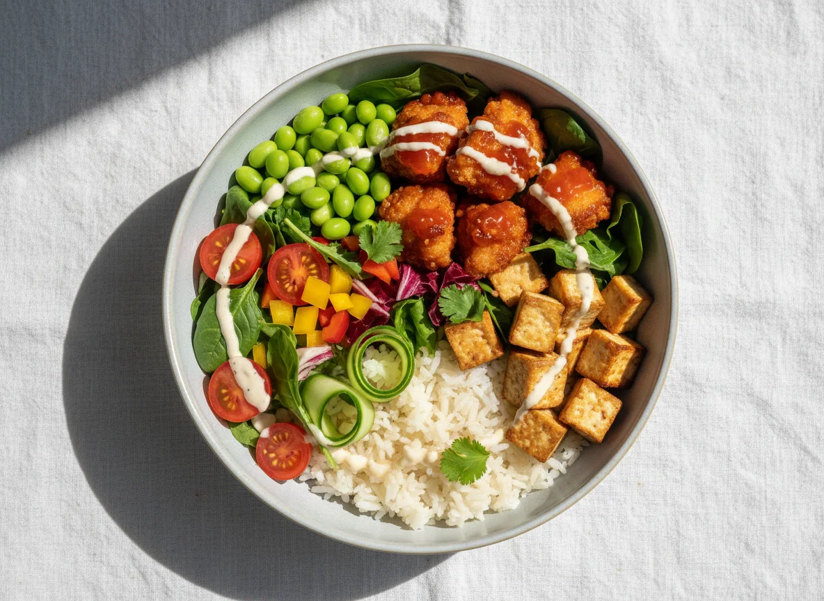 Poke Bowl mit Hähnchen und Tofu photo