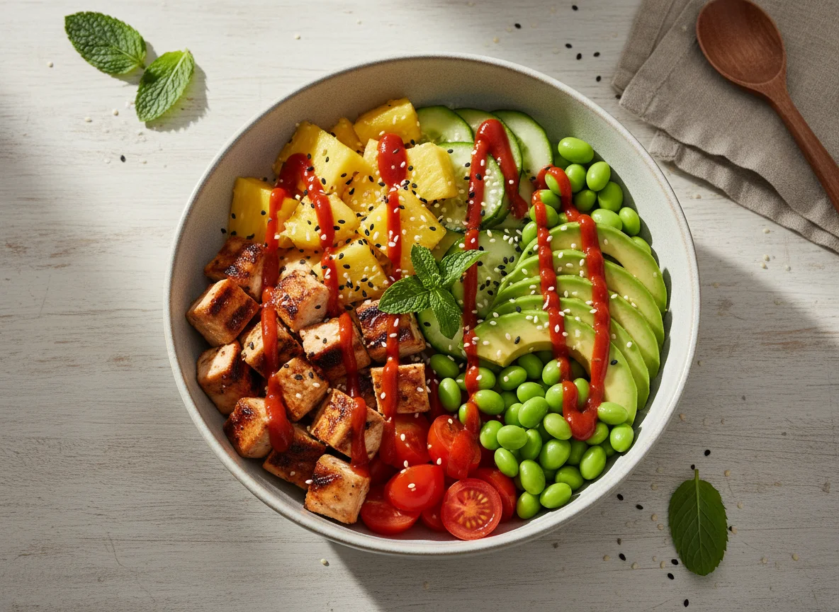 Poke Bowl mit Huhn und Ananas photo