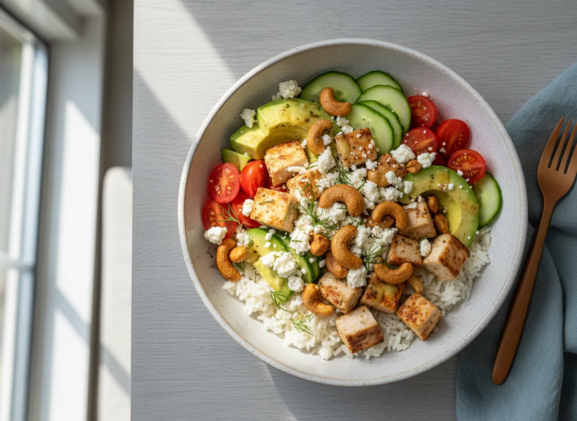 Poke Bowl mit Huhn und Cashews photo