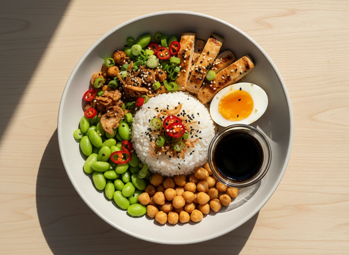 Poke Bowl mit Huhn und Edamame photo