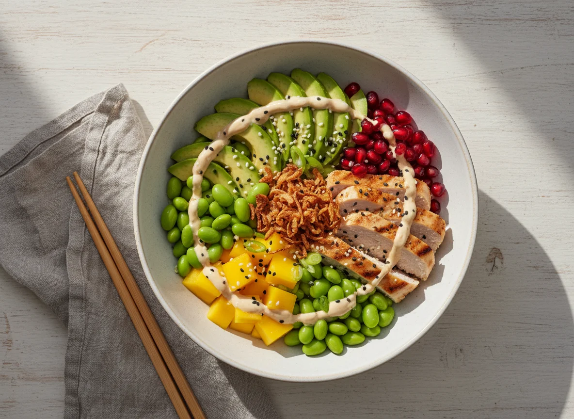 Poke Bowl mit Huhn und Früchten photo