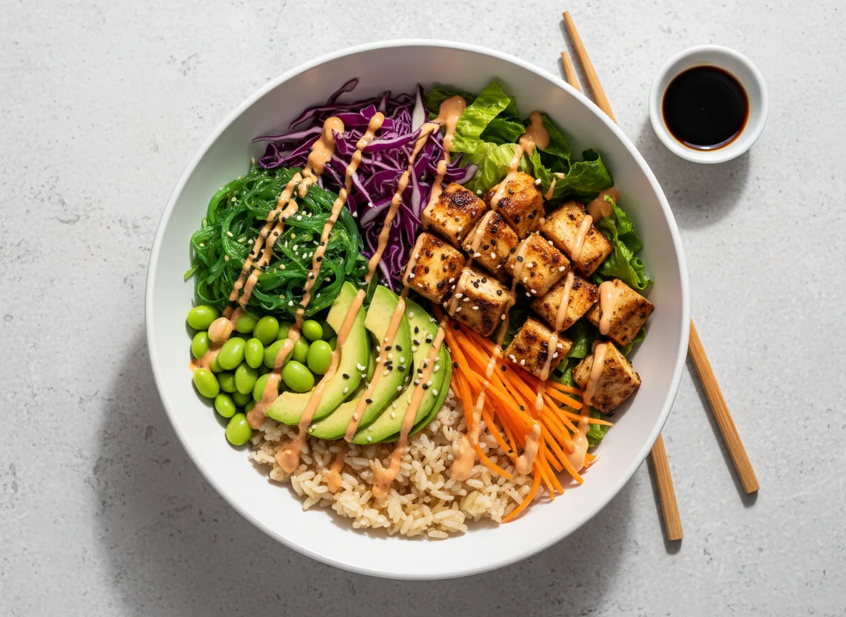 Poke Bowl mit Huhn und Reis photo