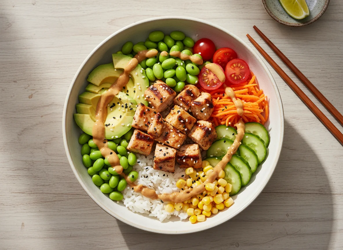 Poke Bowl mit Huhn und verschiedenen Gemüsesorten photo