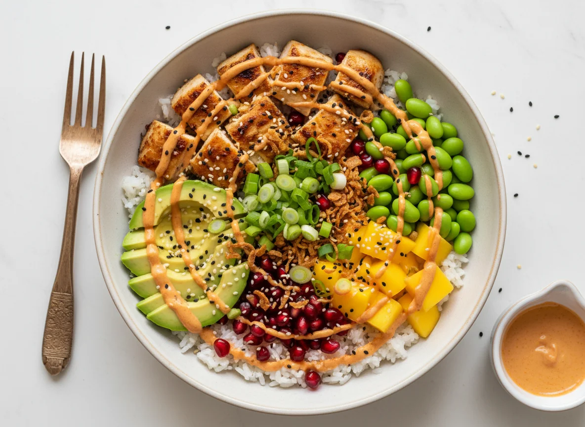 Poke Bowl mit Huhn und verschiedenen Toppings photo