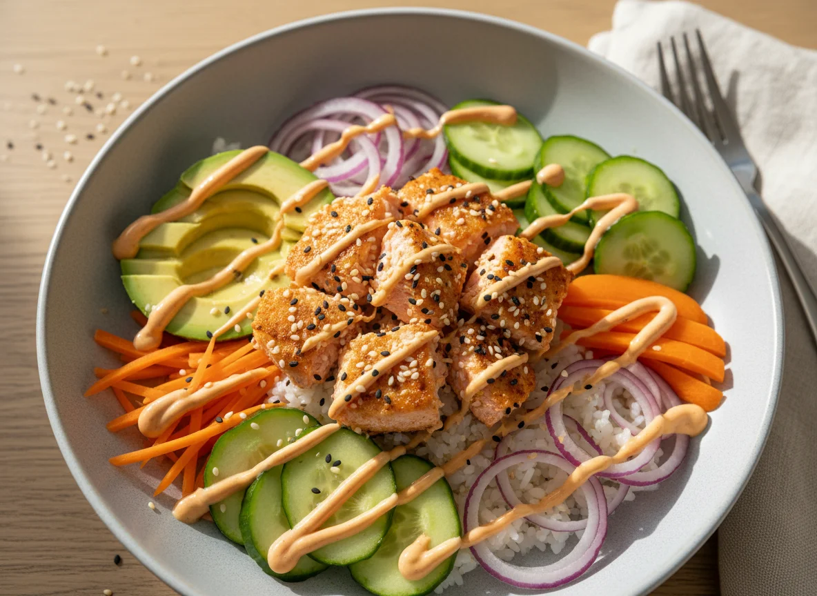 Poke Bowl mit knusprigem Air Fryer Lachs photo