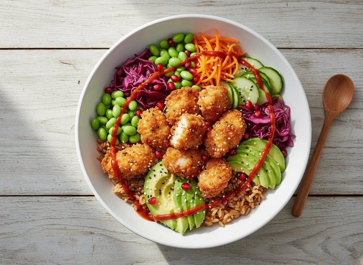 Poke Bowl mit knusprigem Hähnchen photo