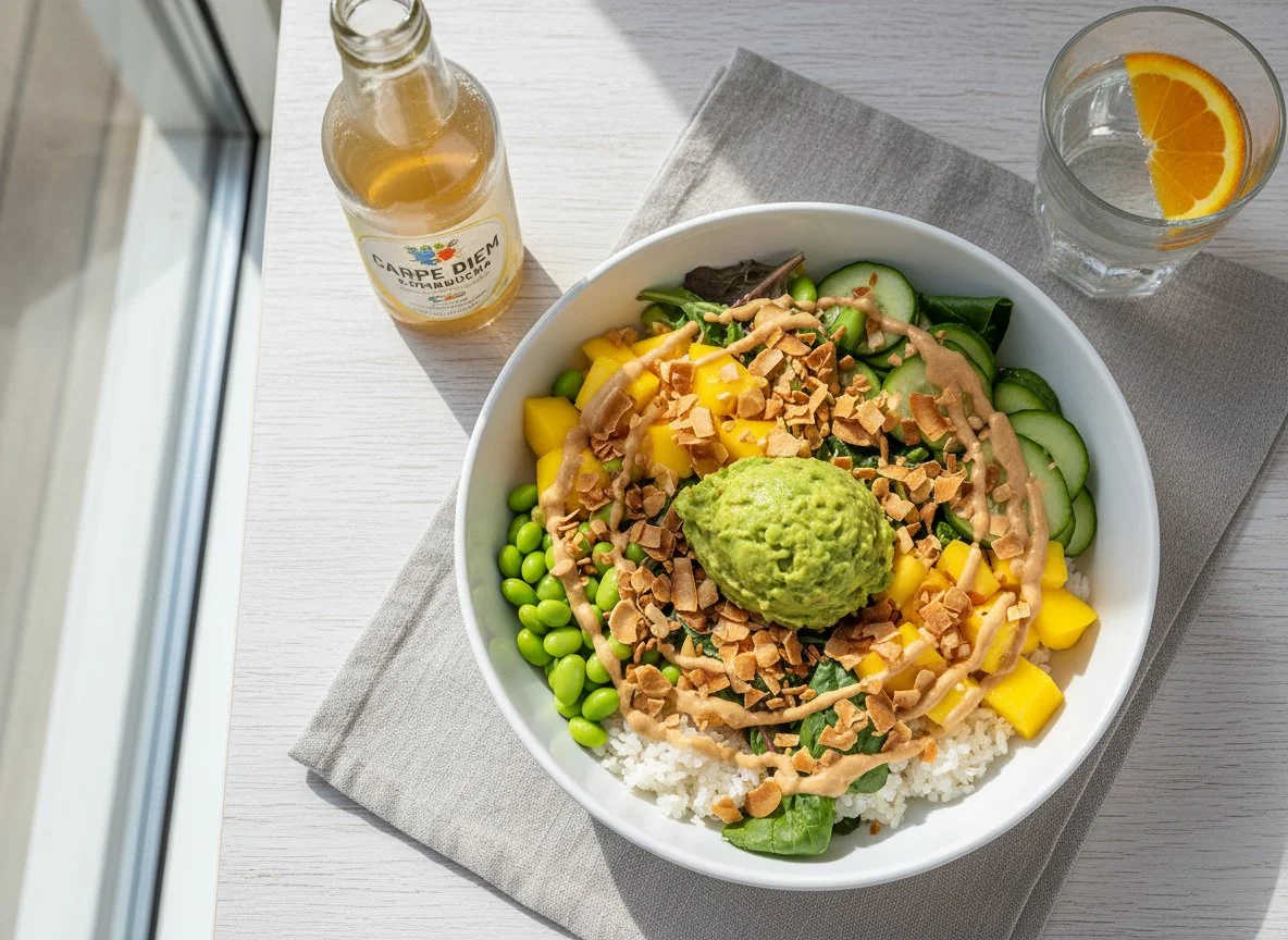 Poké Bowl mit Kombucha und Wasser photo