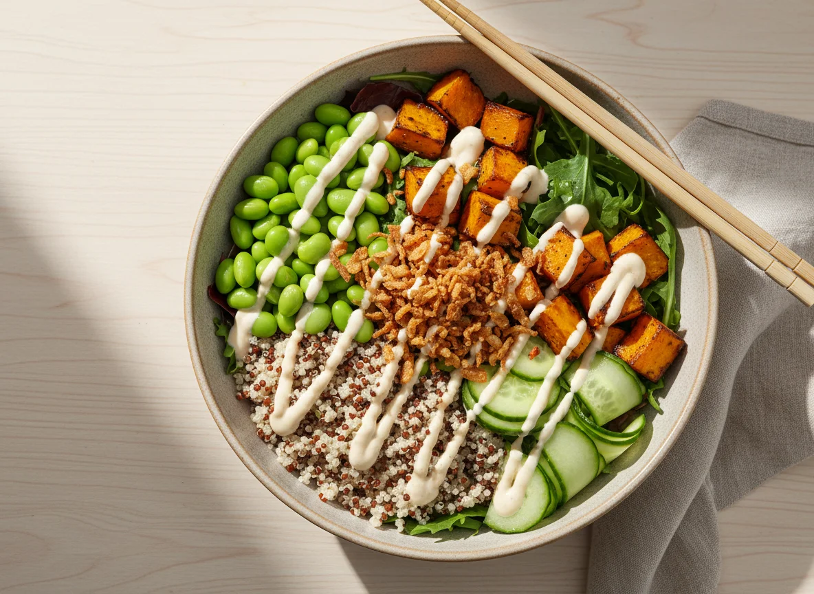 Poke Bowl mit Kürbis und Edamame photo
