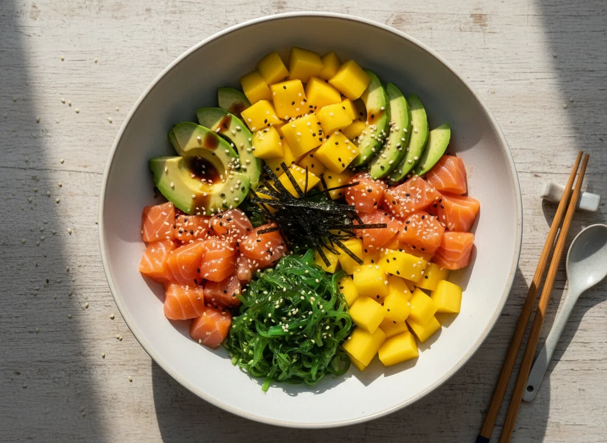 Poke Bowl mit Lachs, Avocado und Mango photo