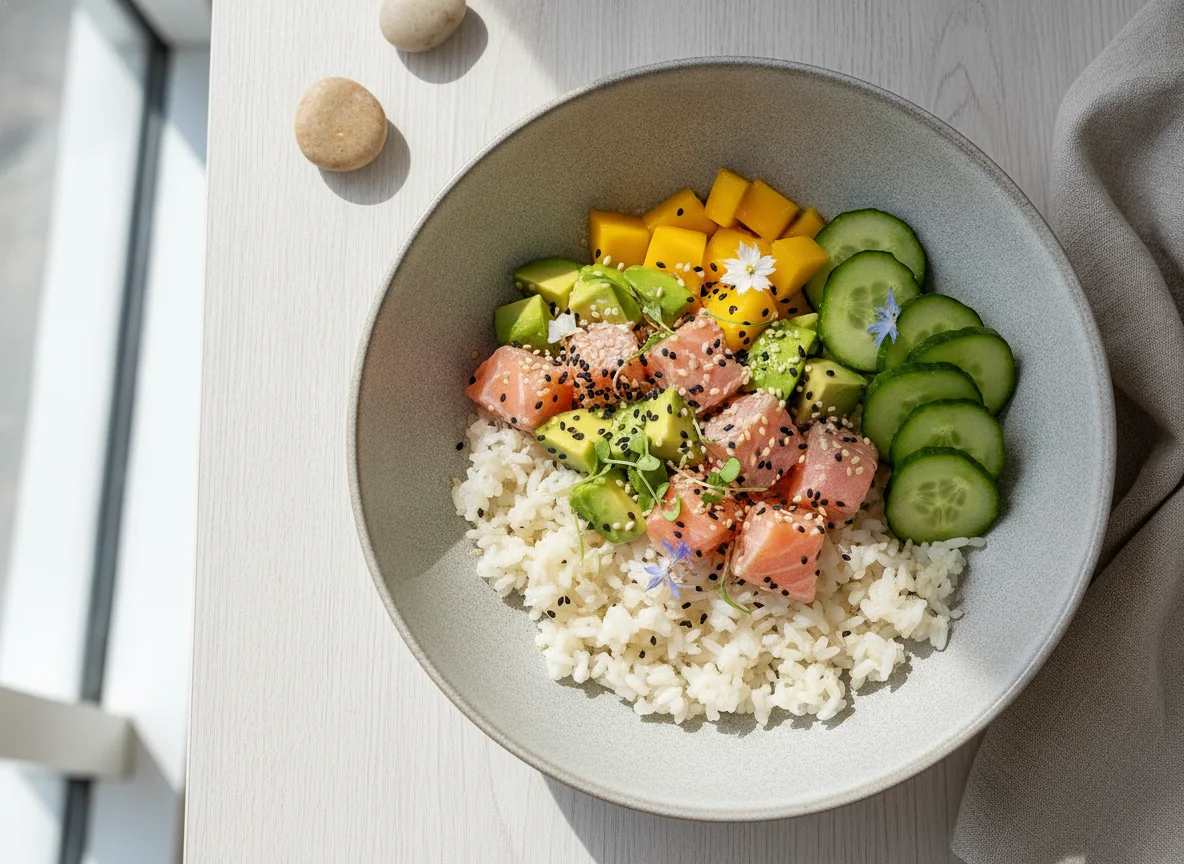 Poke Bowl mit Lachs, Mango und Avocado photo