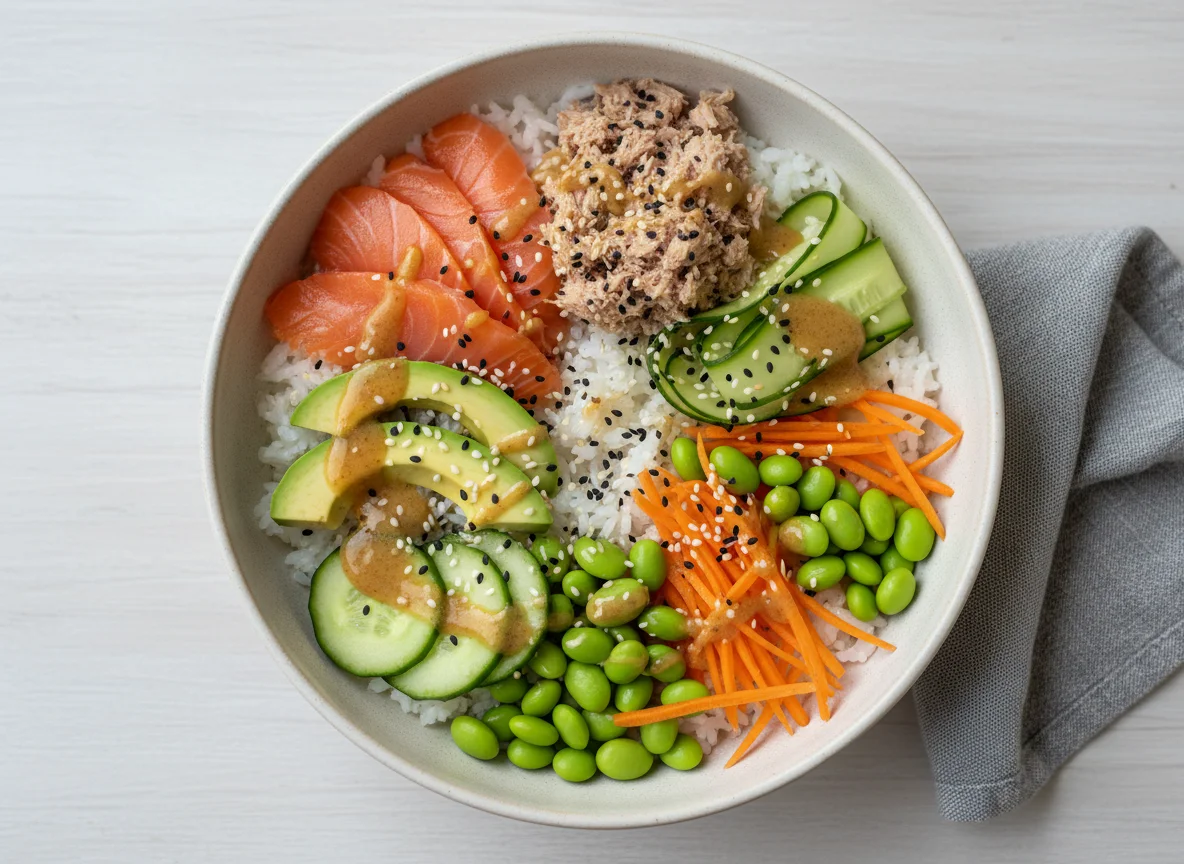 Poke Bowl mit Lachs, Thunfisch und Honig-Senf-Dressing photo