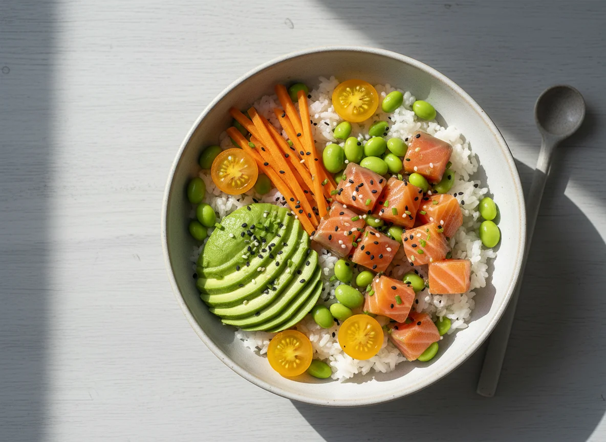 Poke Bowl mit Lachs und Gemüse photo