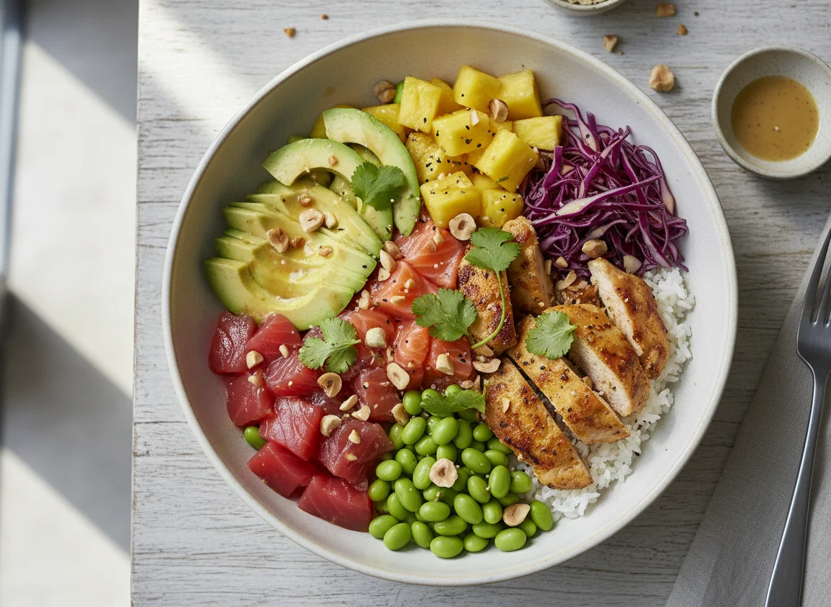Poke Bowl mit Lachs und Huhn photo